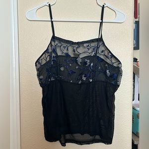 Large Velvet Flower Embroidered Sheer Tank-Top